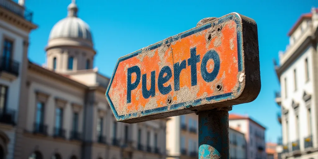 a sign that says puerto in front of a building with a dome in the background and a blue sky, Art & L