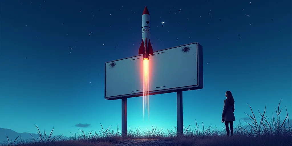 a sign with a rocket on it in front of a blue background with stars and a woman looking at it, Carl