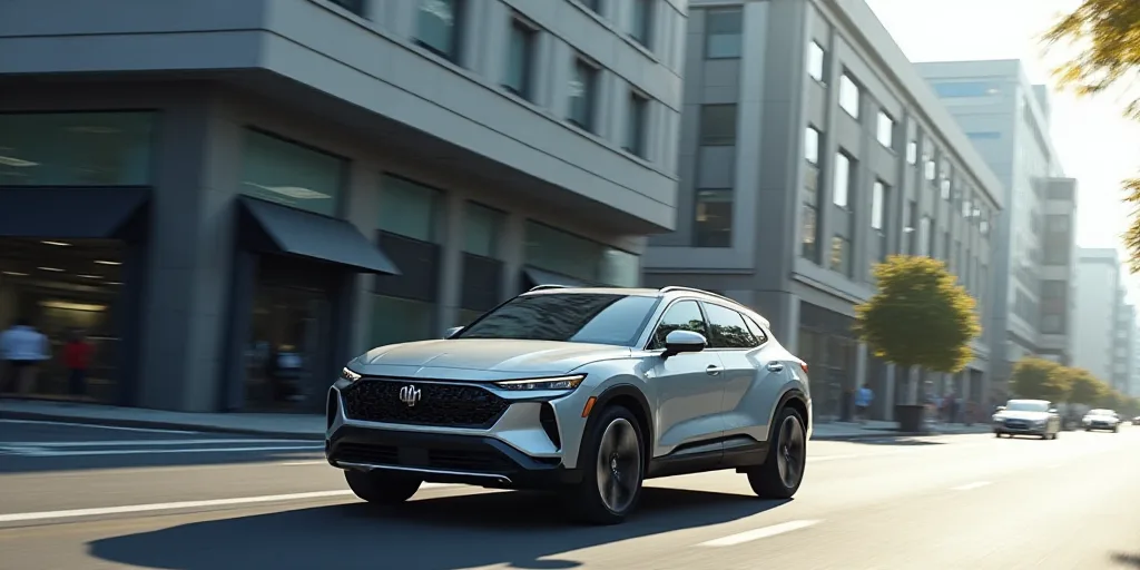 a silver suv driving down a street next to a building with a lot of windows on it's sides, Fan Qi, u