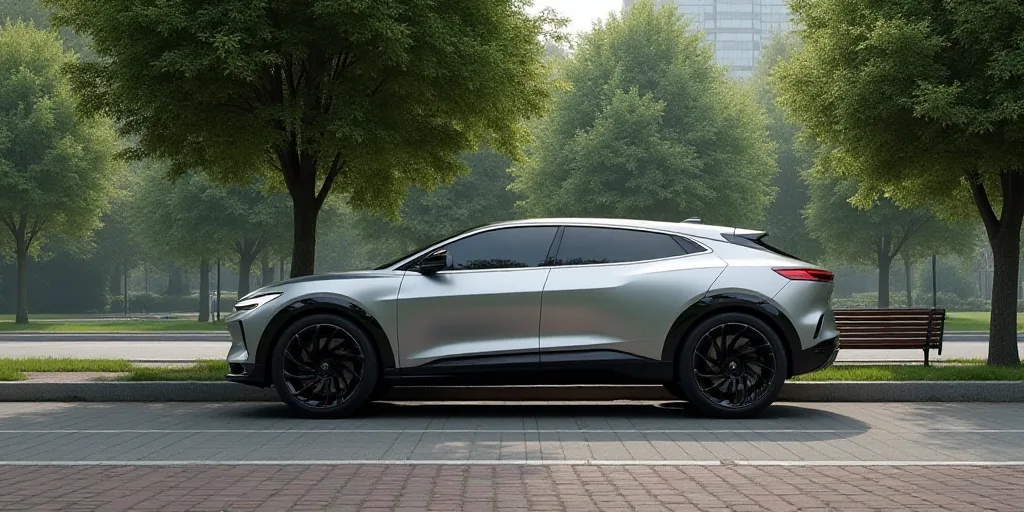 a silver suv is parked on the side of the road near a park area with trees and a bench, Cornelisz He