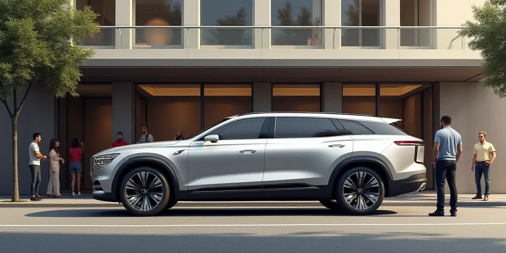 a silver suv parked in front of a building with people standing around it and a man standing next to