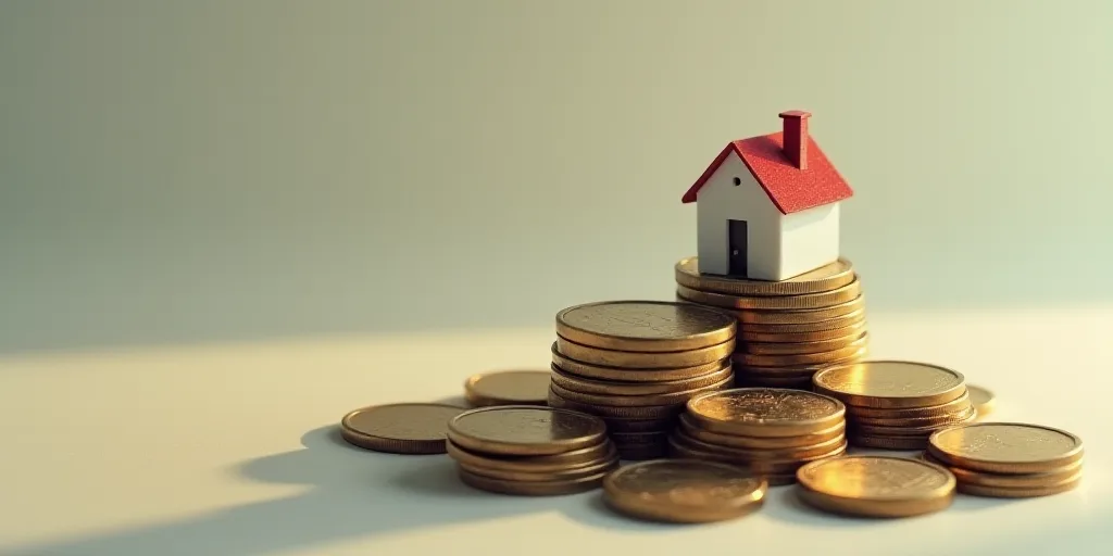 a small house sitting on top of a pile of coins next to a pile of coins with a house on top of it, A