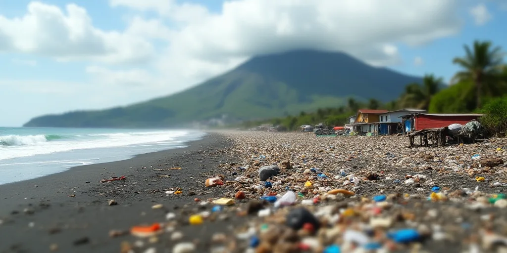a small village on the shore of a beach with a lot of trash on it and a mountain in the background,