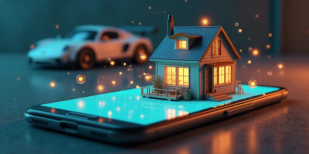 a smart phone with a house on top of it and icons surrounding it and a car in the background, Doug O