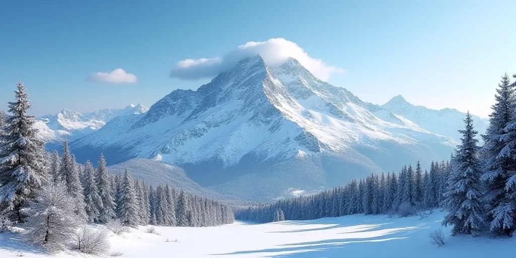 a snow covered mountain with trees in the foreground and a blue sky in the background with a few clo