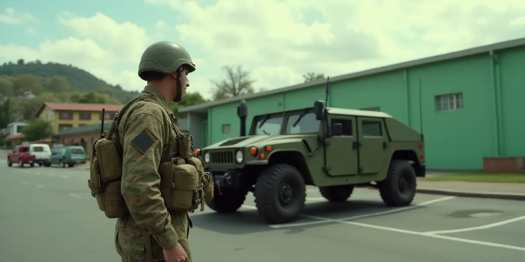 a soldier is looking at a military vehicle in a parking lot with a building in the background and a
