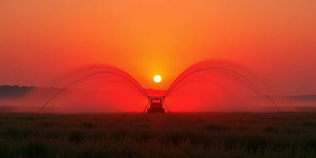 a sprinkler spraying water on a field of crops at sunset or dawn with a red sky, Andreas Gursky, sol