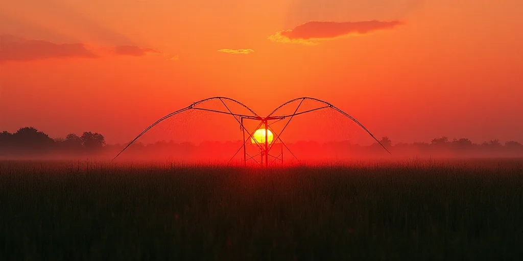 a sprinkler spraying water on a field of crops at sunset or dawn with a red sky, Andreas Gursky, sol
