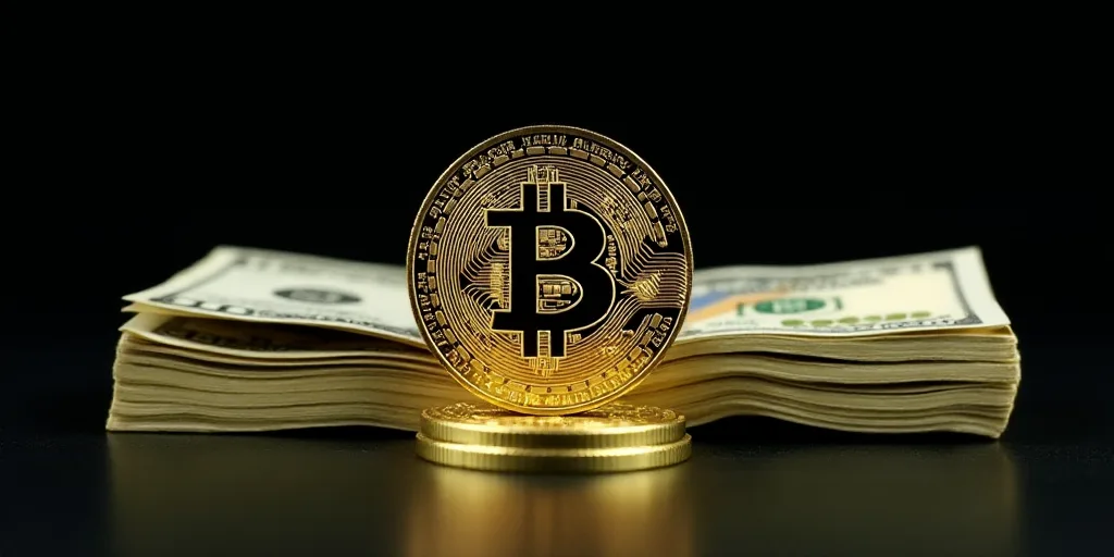 a stack of money with a bitcoin on top of it and a stack of dollars in the background, Charles Fremo