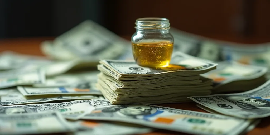 a stack of money with a small jar on top of it on top of it is a pile of hundred dollar bills, Benja