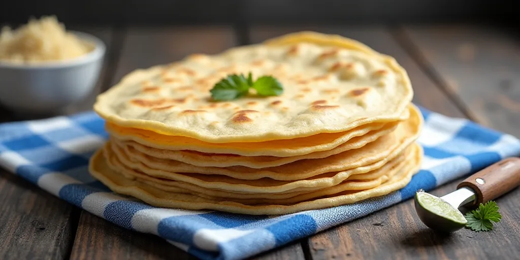 a stack of tortillas sitting on top of a table next to a blue and white checkered cloth, Ceferí Oli