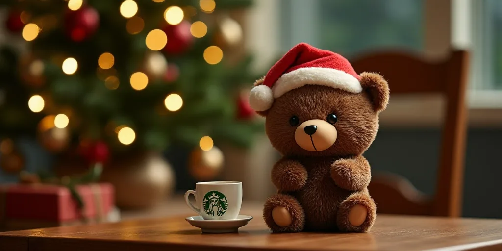 a starbucks bear figurine with a starbucks hat on it's head sitting on a table next to a christmas t