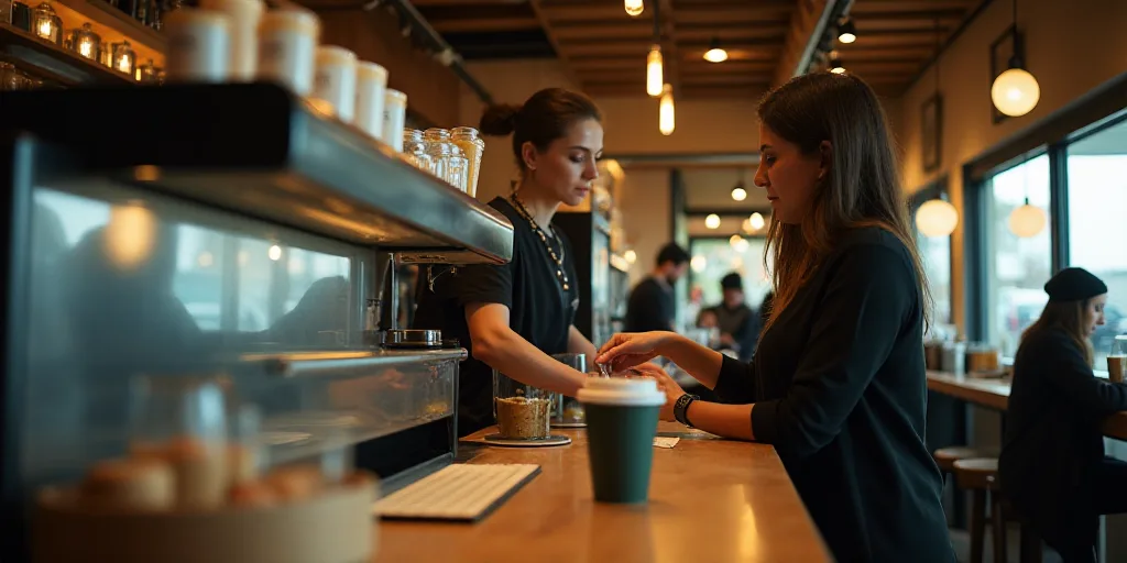 a starbucks coffee shop with a customer ordering a drink from a machine and a counter with a custome