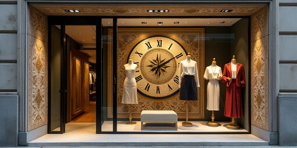 a store front with a display of clothing on the wall and a clock on the wall behind it that says ste