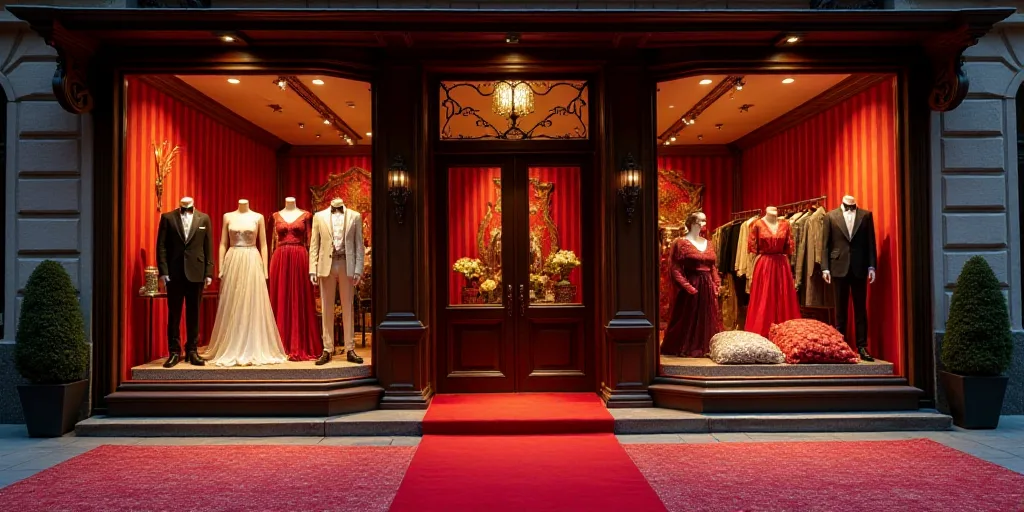 a store front with a red carpet and a red carpet on the ground in front of it and a red carpet on th