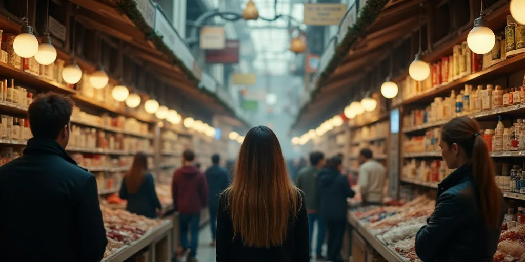 a store with a lot of signs hanging from the ceiling and people shopping in the store with their hai