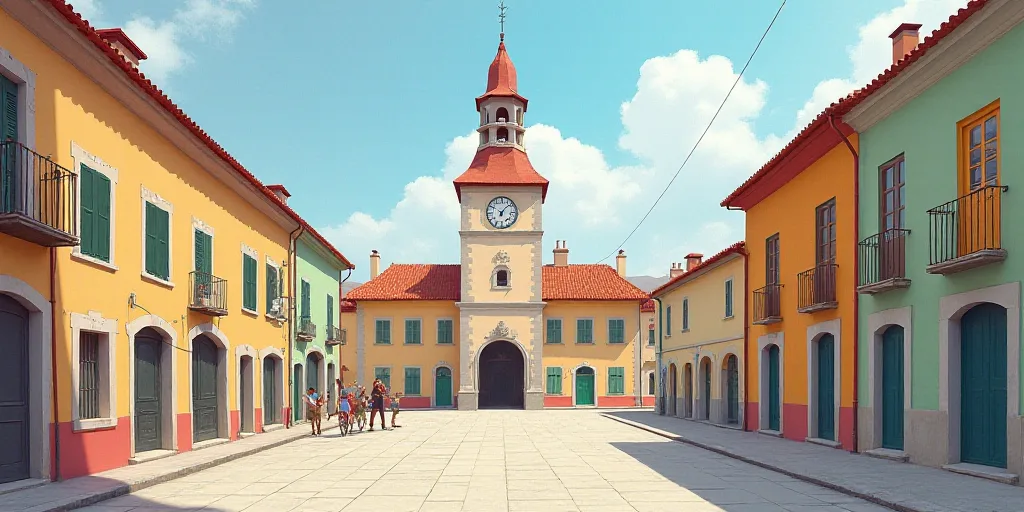 a street with a clock tower in the middle of it and a building with a steeple in the background, Cef
