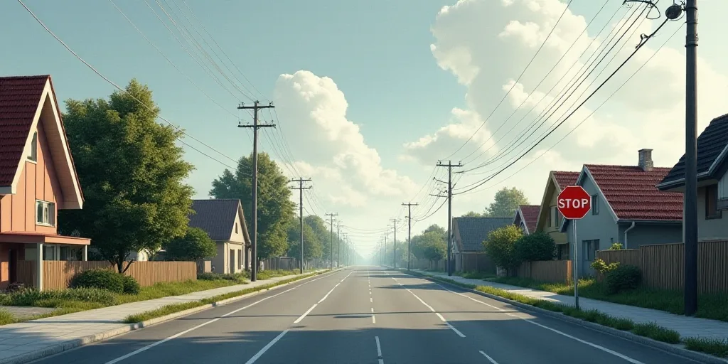 a street with a stop sign and a row of houses on the side of the road with a cloudy sky, Enguerrand