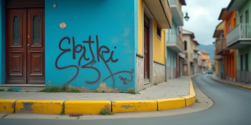 a street with a yellow curb and a blue building with a graffiti on it and a yellow curb with a yello