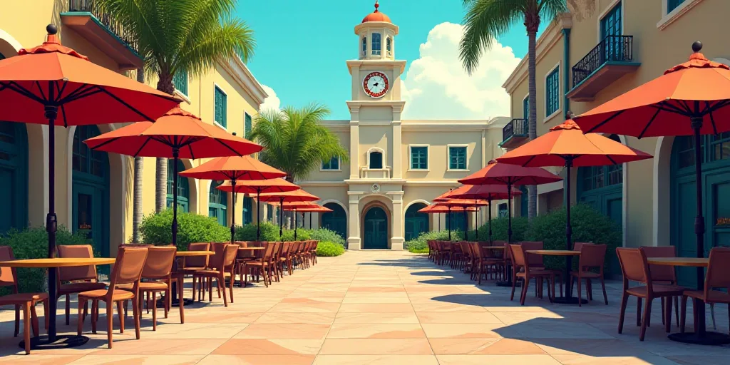 a street with tables and umbrellas on both sides of it and a building with a clock tower in the back