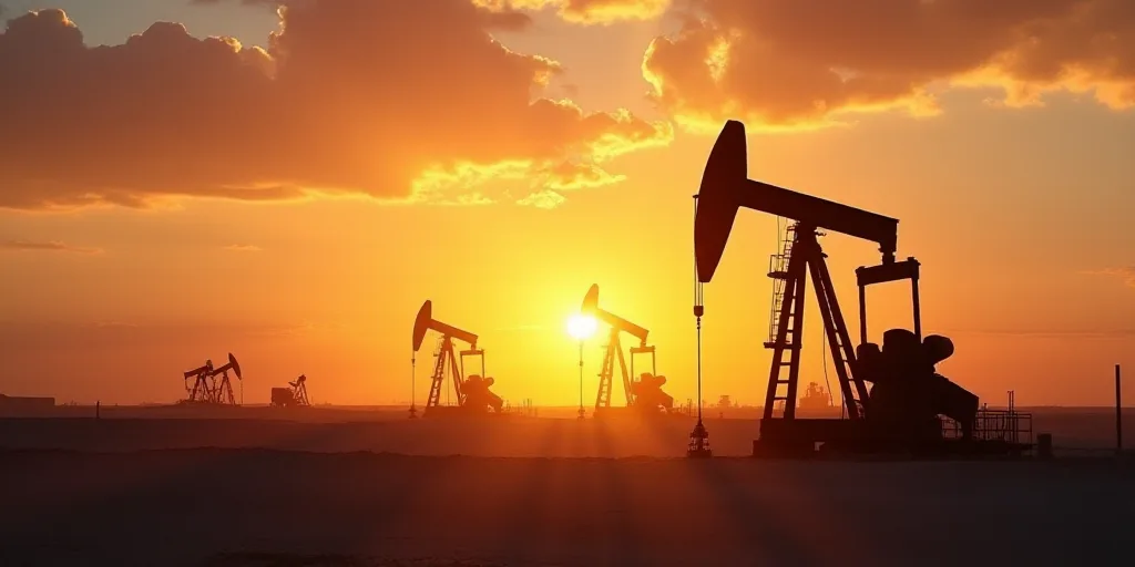 a sunset view of oil pumps in the desert with a sky background and clouds in the background, with a