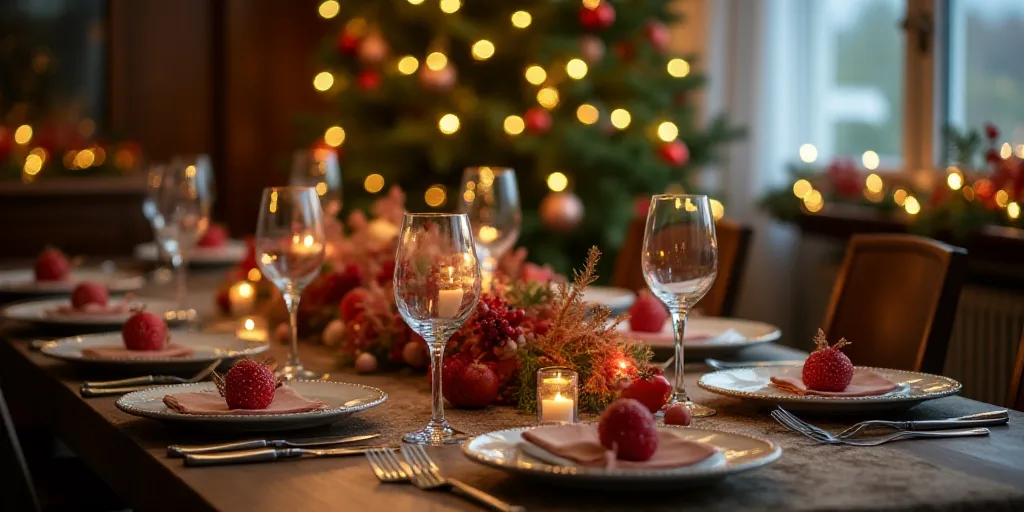 a table set for christmas with plates and silverware and a centerpiece with a christmas tree in the
