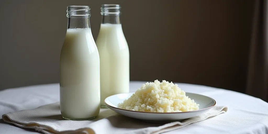 a table topped with two bottles of milk and a plate of rice next to it on a table cloth, Florianne B