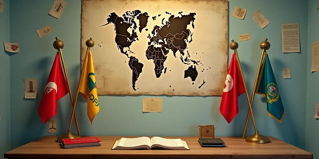 a table with a book, passport, and flags on it and a wall with a sign that says usmca, Aquirax Uno,