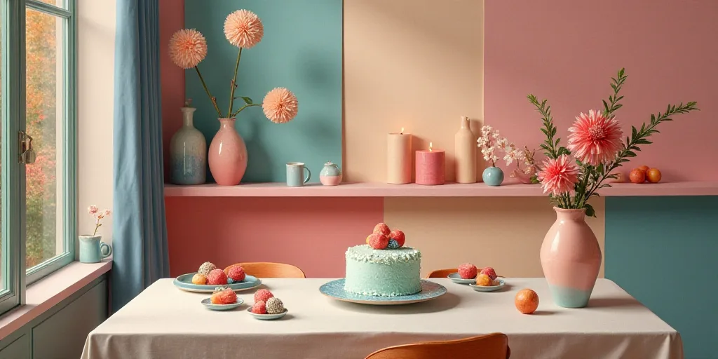 a table with a cake and desserts on it and a shelf with flowers and candles on it and a shelf with o
