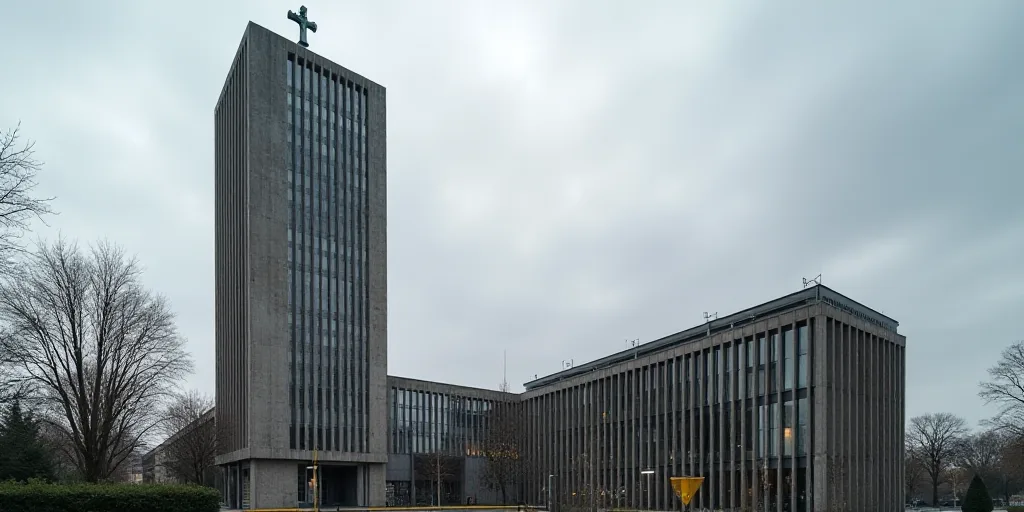 a tall building with a cross on top of it and a sign in front of it that says european central bank,