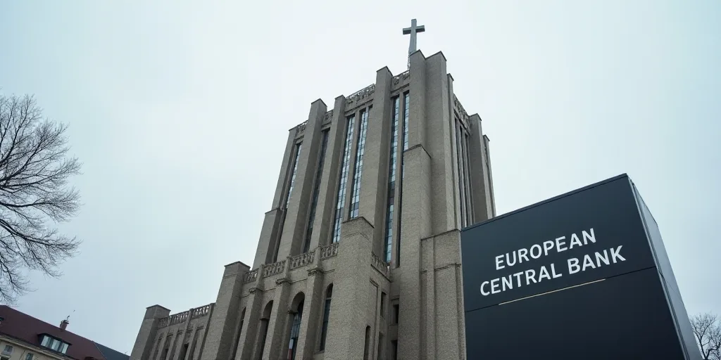 a tall building with a cross on top of it and a sign in front of it that says european central bank,