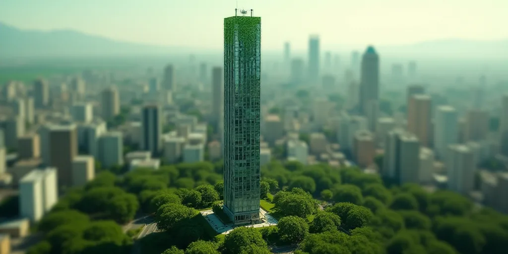 a tall building with a green top in a city area with a lot of trees and buildings in the background,