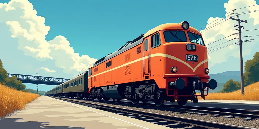 a train is going down the tracks in a station with a sky background and clouds in the background,, C