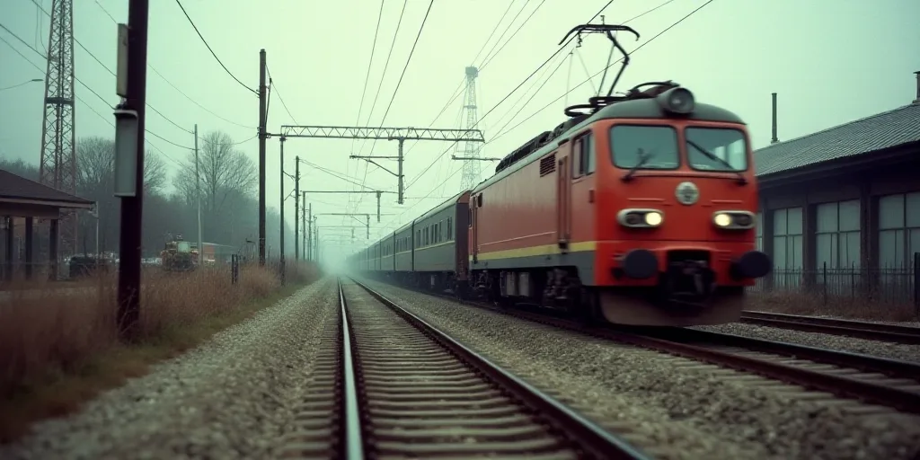 a train traveling down tracks next to a construction area with a train on the tracks and a construct