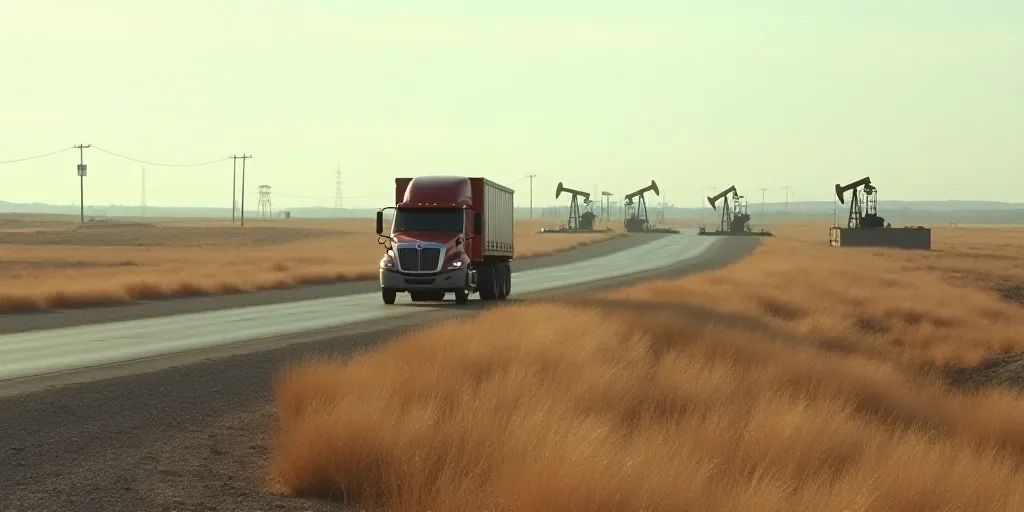 a truck driving down a road past a bunch of oil pumps in the background of a field of dead grass, El