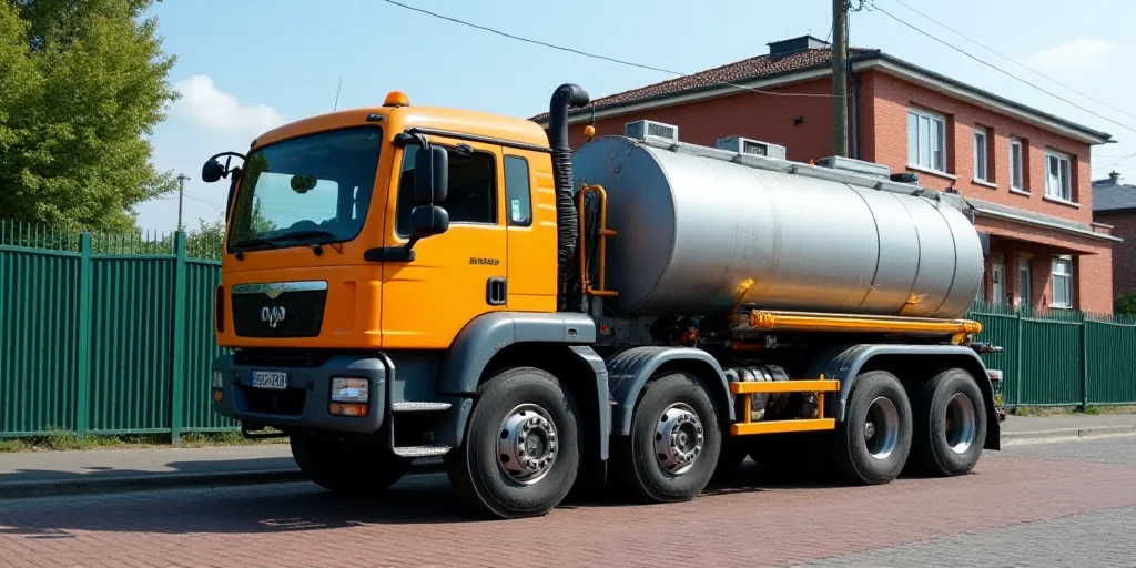 a truck with a hose attached to it parked on a brick road next to a fence and a building, Aquirax Un