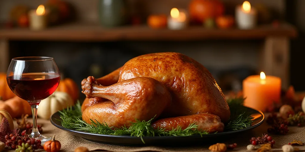 a turkey sitting on a table with a glass of wine and a candle on it, surrounded by other thanksgivin