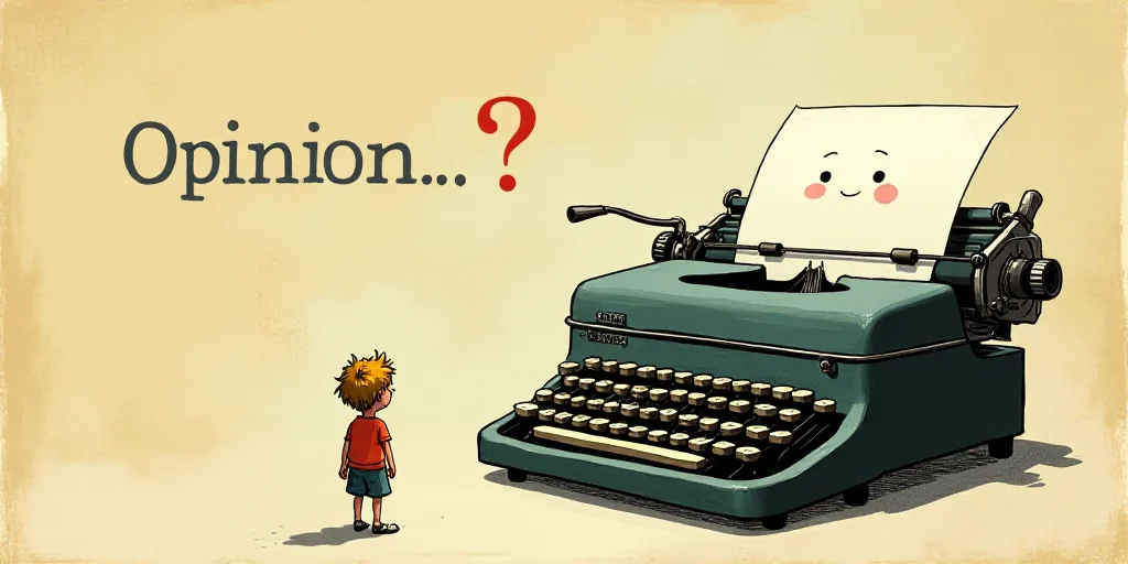 a typewriter with a face drawn on it and a caption for the words opinion and a question, Edward Otho
