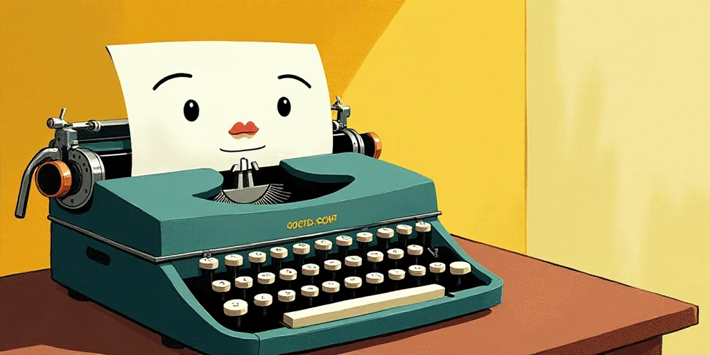 a typewriter with a face drawn on it and a caption for the words opinion and a question, Edward Otho
