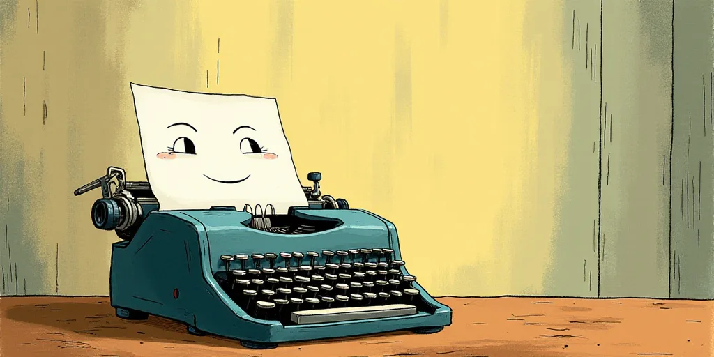 a typewriter with a face drawn on it and a caption for the words opinion and a question, Edward Otho
