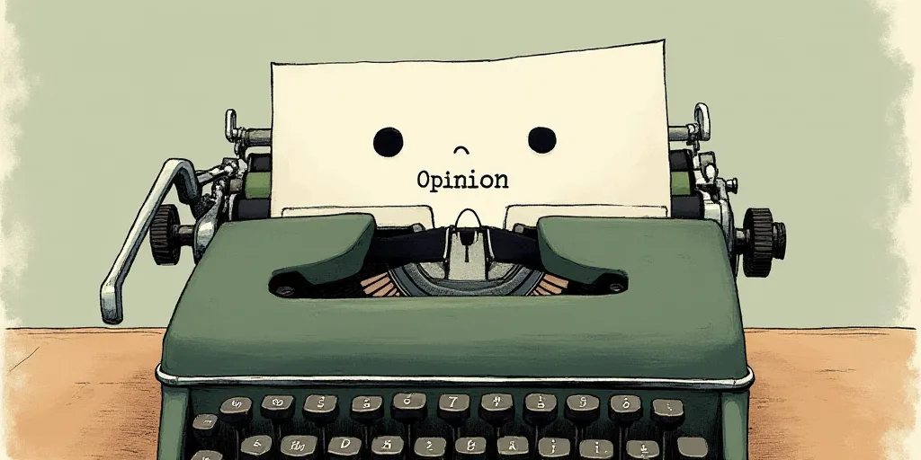 a typewriter with a face drawn on it and a caption for the words opinion and a question, Edward Otho