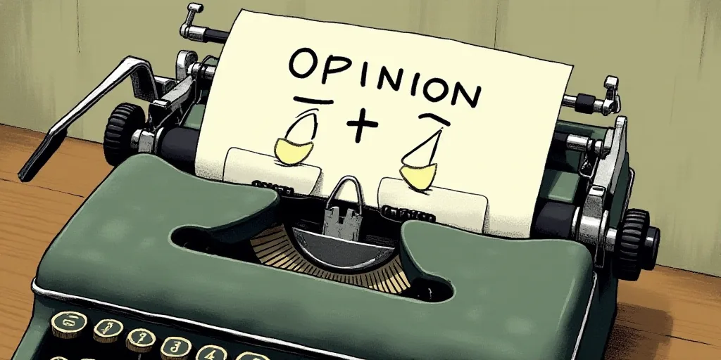 a typewriter with a face drawn on it and a caption for the words opinion and a question, Edward Otho