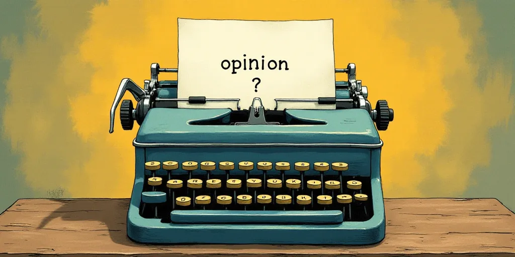 a typewriter with a face drawn on it and a caption for the words opinion and a question, Edward Otho