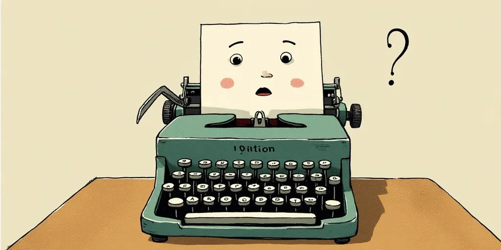 a typewriter with a face drawn on it and a caption for the words opinion and a question, Edward Otho