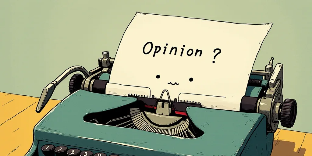 a typewriter with a face drawn on it and a caption for the words opinion and a question, Edward Otho