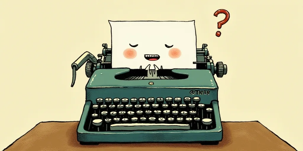 a typewriter with a face drawn on it and a caption for the words opinion and a question, Edward Otho