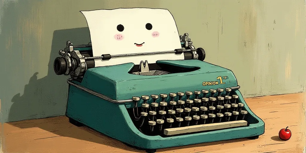 a typewriter with a face drawn on it and a caption for the words opinion and a question, Edward Otho