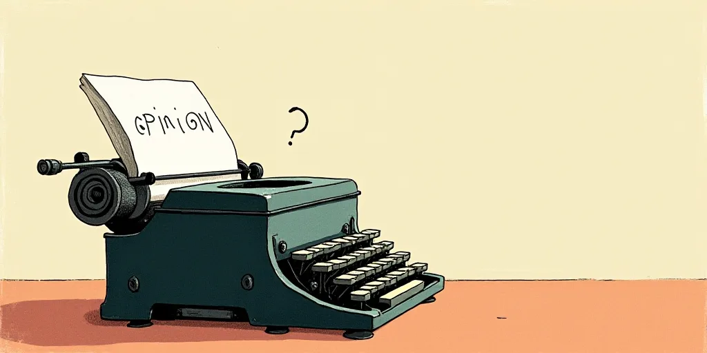 a typewriter with a face drawn on it and a caption for the words opinion and a question, Edward Otho