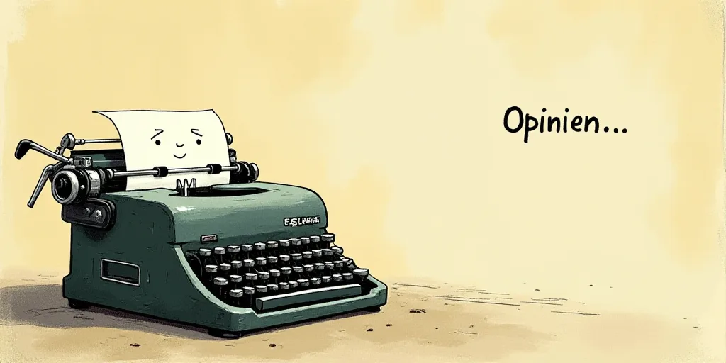 a typewriter with a face drawn on it and a caption for the words opinion and a question, Edward Otho