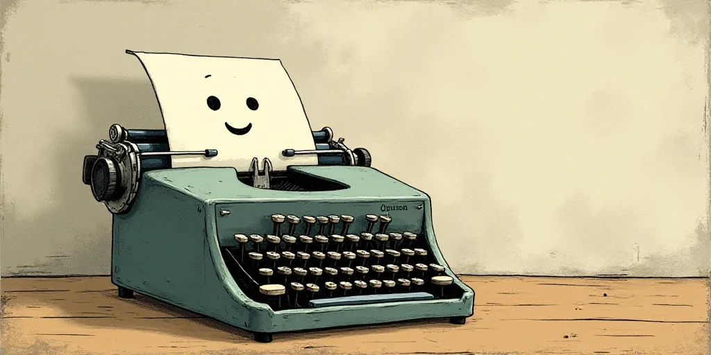 a typewriter with a face drawn on it and a caption for the words opinion and a question, Edward Otho